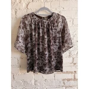 LOFT Brown White Leaf Print Blouse Womens Large Tie Back Short Sleeve Top